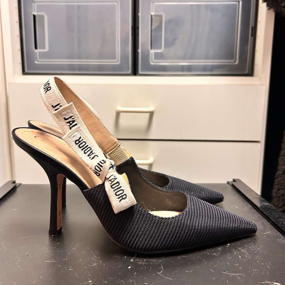 Dior Black Pointed-Toe Slingback Heels with J'Adior Strap